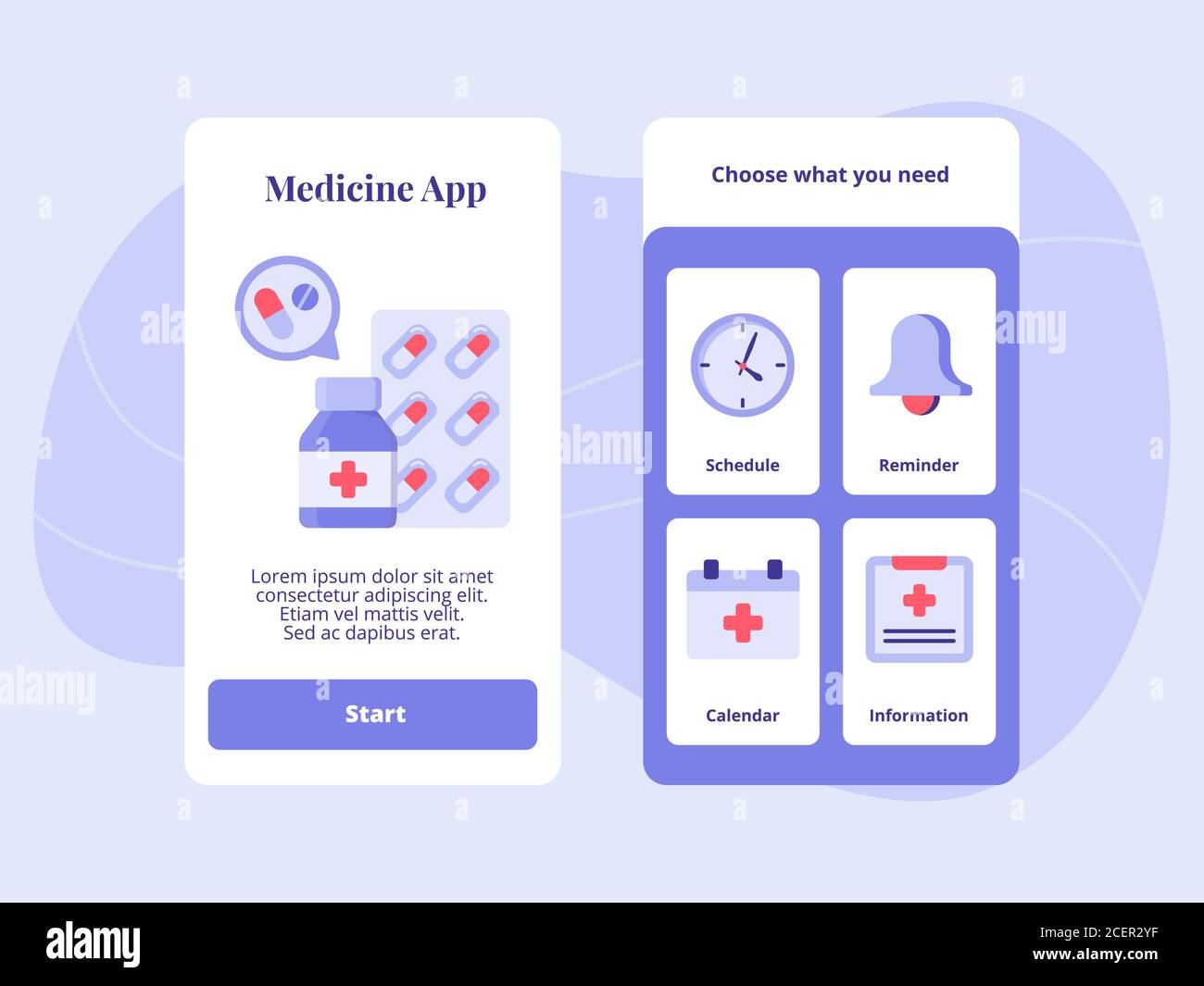Medicine App Zeitplan Erinnerung Kalender Informationen für mobile Apps Vorlage Bannerseite UI mit zwei Varianten moderner flacher Farbstil Stock Vektor