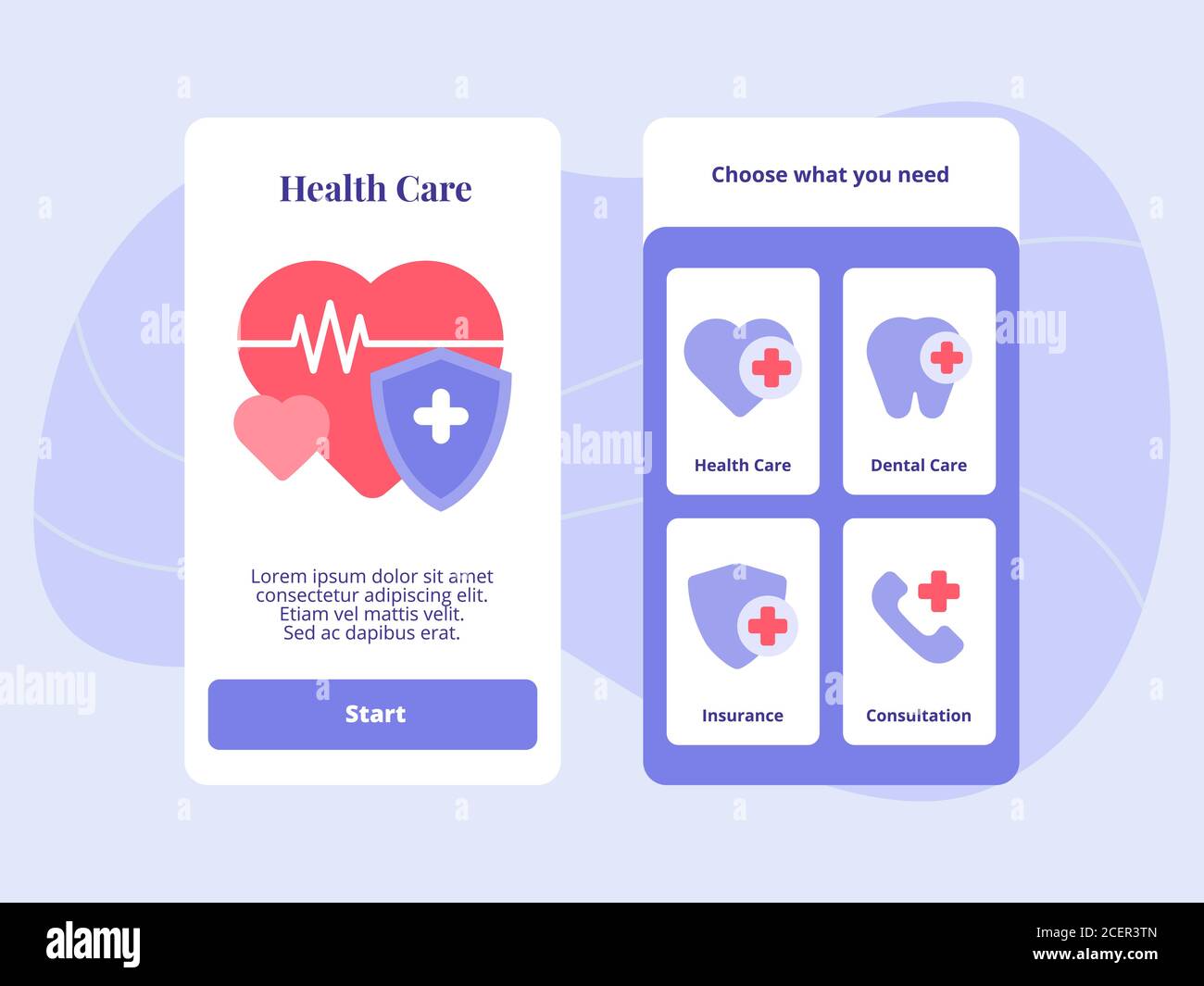 Gesundheit Zahnpflege Versicherung Beratung für mobile Apps Vorlage Bannerseite UI mit zwei Varianten moderner flacher Farbstil Stock Vektor