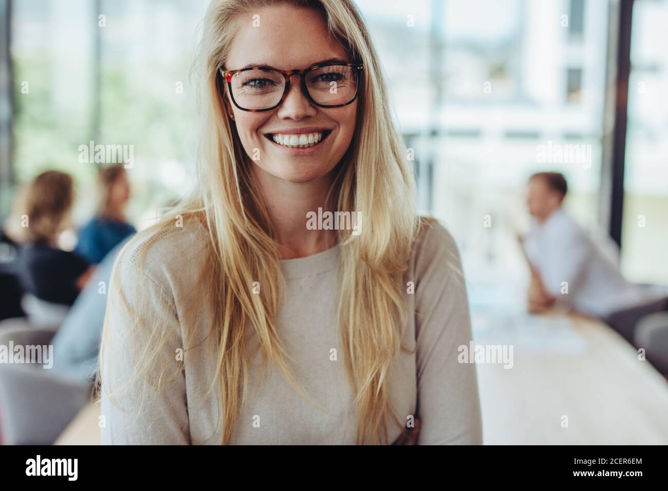 Porträt einer glücklichen Geschäftsfrau mit Kollegen im Sitzungssaal. Lächelnde Frau mit Kollegen im Konferenzraum mit Sitzung. Stockfoto
