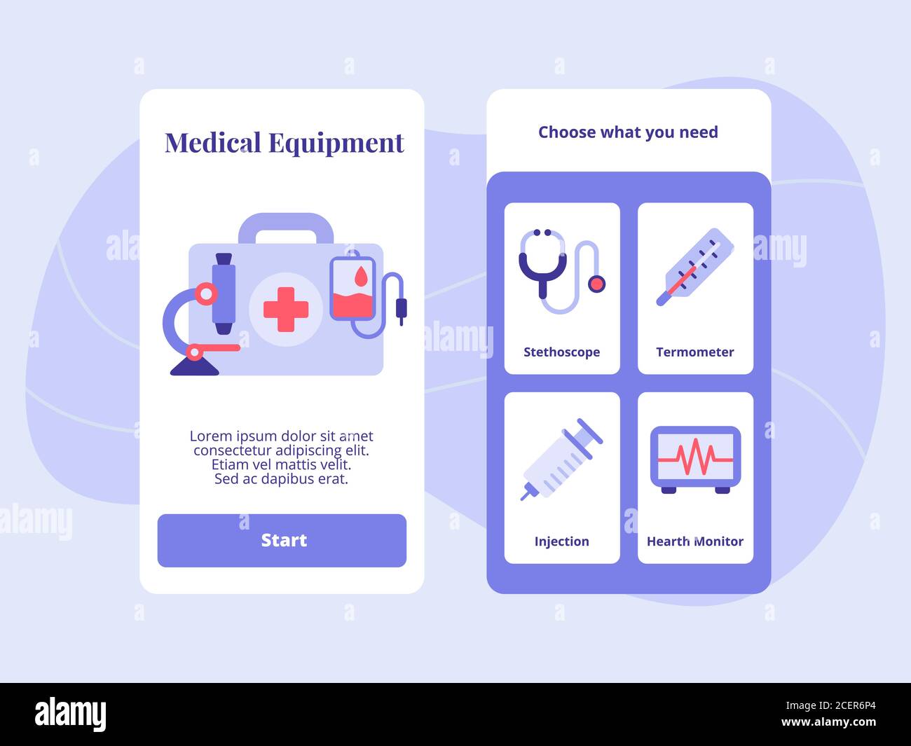 Medizinische Geräte Stethoskop Thermometer Injektion Herzmonitor für mobile Apps Vorlage Bannerseite UI mit zwei Variationen moderne flache Farbe Stil Stock Vektor