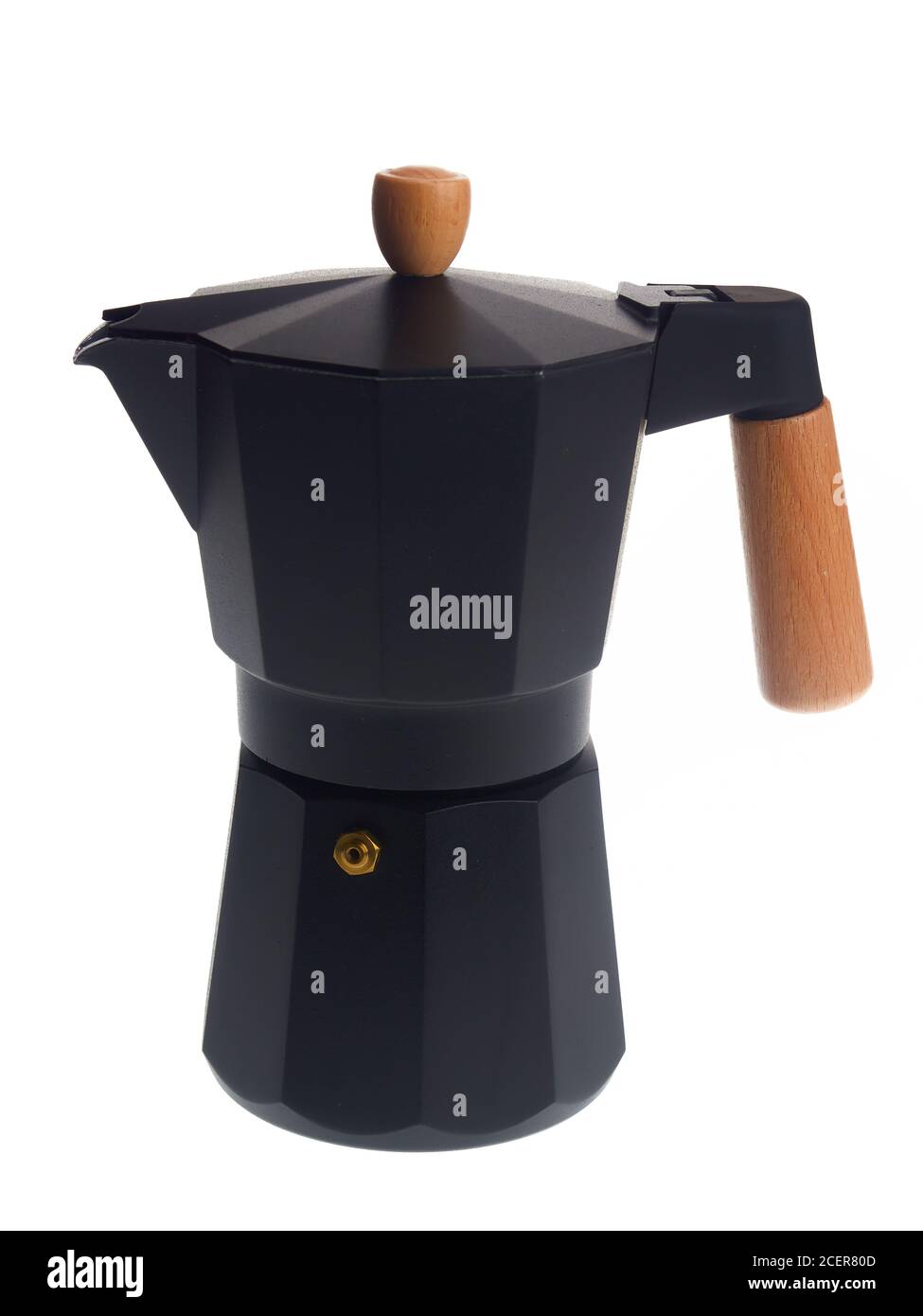 Schwarze Mokka-Kaffeemaschine aus Aluminium mit Kochplatte, isoliert auf weißem Hintergrund Stockfoto