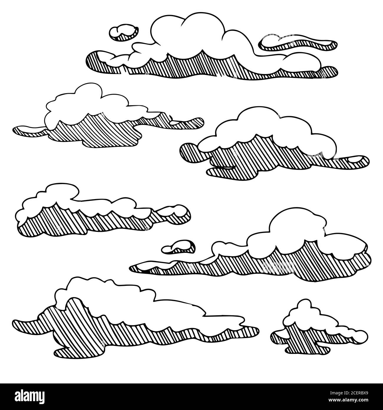 Skizze Sammlung von Wolken in Hand gezeichnet isoliert auf weißem Hintergrund. Vektorgrafik. Stock Vektor