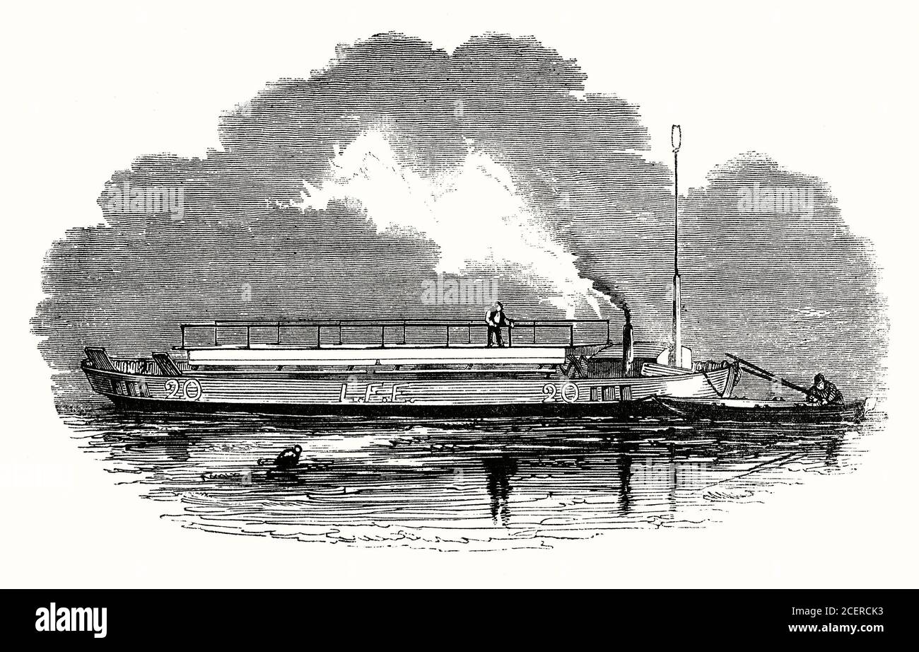 Eine alte Gravur einer Themse Feuerlöschbarke oder eines Bootes, LFE 20, in Victorian Times, London, England, UK. In London haben einzelne Versicherungsgesellschaften Feuerlöschanlagen eingerichtet, um Brände in Gebäuden zu bekämpfen, die jedes Unternehmen versichert hat. Sie kooperierten 1833 mit der Gründung der London Fire (Engine) Establishment (LFEE oder LFE) unter der Leitung von James Braidwood. Ein Modus, um Brände entlang der Themse zu bekämpfen, war mit einem Feuerwehrboot. Die Feuerversicherungen informierten die Regierung, dass es nicht kommerziell machbar sei, Brände zu bekämpfen, und 1866 entstand die Metropolitan Fire Brigade (MFB). Stockfoto