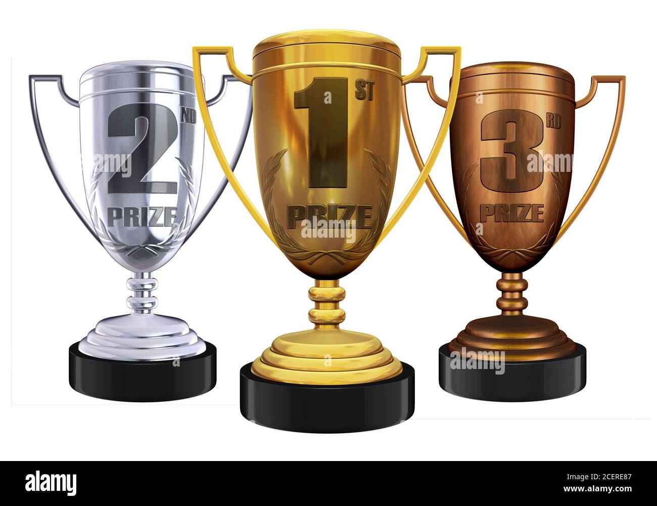 Trophäen auf dem ersten, zweiten und dritten Platz Stockfoto