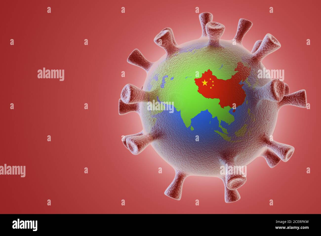 Die Ausbreitung des Virus auf dem Planeten. Collage aus 3d-Virus und 3d-Globus. Corona-Virus-Konzept Stockfoto