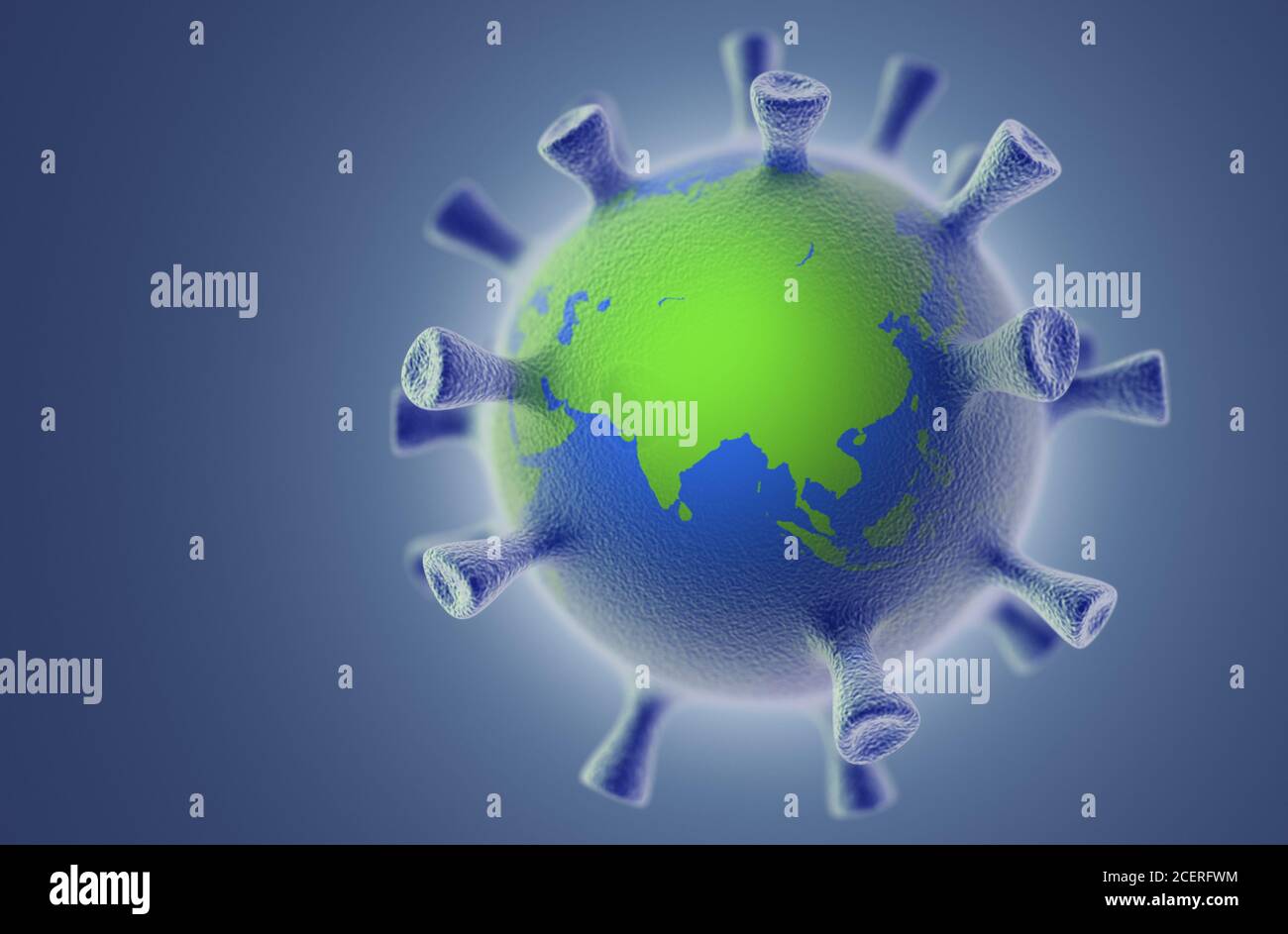 Die Ausbreitung des Virus auf dem Planeten. Collage aus 3d-Virus und 3d-Globus. Corona-Virus-Konzept. Stockfoto
