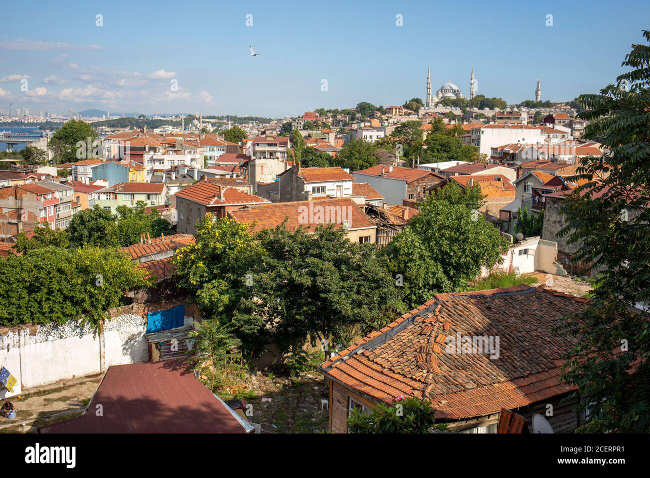 Blick auf Cibali Viertel mit historischen Häusern und Golden Horn Blick im Hintergrund in Istanbul, Türkei am 20. August 2020. Stockfoto
