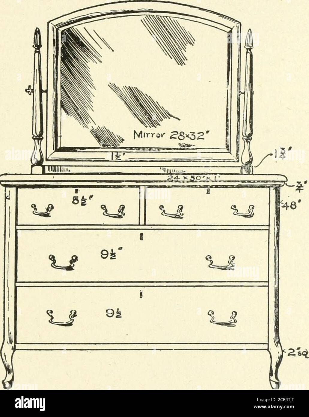 . Möbel für den Handwerker; ein Handbuch für den Schüler und den Maschinenbauer. An jedem Ende wird die Oberseite und die Vorderseite angetakkkkket. Es wird bemerkt, dass die Oberseite der Brust aus Paneelkonstruktion besteht, über der eine leichte Polsterung aus Baumwolle und Haaren gleichmäßig platziert werden kann. Diese wiederum von einem Stück gefärbten Schaffell geschnitten etwas größer als die exponierte Pan-el-Größe abgedeckt werden, diese ordentlich nach unten nur innerhalb der Außenrahmen von Messing Kopf Nägel getackert werden. SCHLAFZIMMERMÖBEL UND BEQUEMLICHKEITEN 221 Verfeinerung in der Umrisse sollte der erste Vorschlag von thedresser sein. Wir denken mehr daran, wie die Damen ta arbeiten Stockfoto