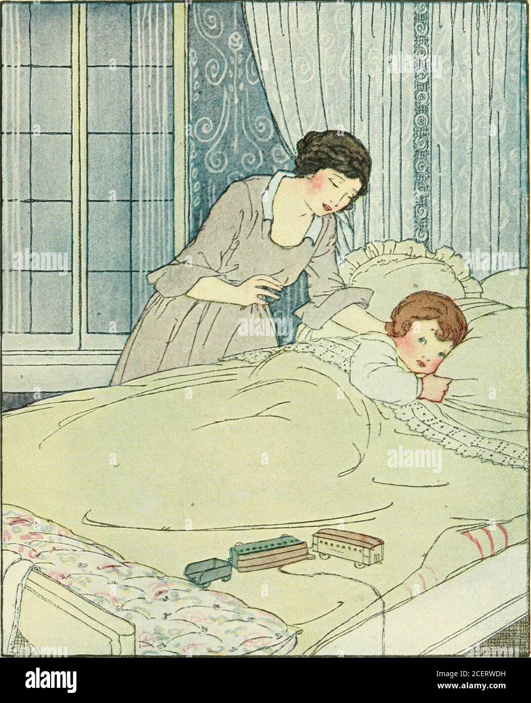 . Sonnige Reime für glückliche Kinder. : Rhymes. Ich kenne nur eine glühende Wärme. Ich weiß nur eine glühende Wärme, und süß, weiches Licht oben.Wenn Mutter lehnt sich oer mein Bett.und flüstert, *Gott ist Liebe. Ich weiß nur, dass ich mich so sicher fühle. So umkreist in seinem Arm, als Mutter mich nahe hält und sagt: * Liebe bewahre dich vor allem Schaden. Und wenn sie geht und schließt die Tür, Liebe Uhren mit mir noch, Alle strahlende Dunkelheit so sicher, Gott hält mich von allem Kranken.. Stockfoto