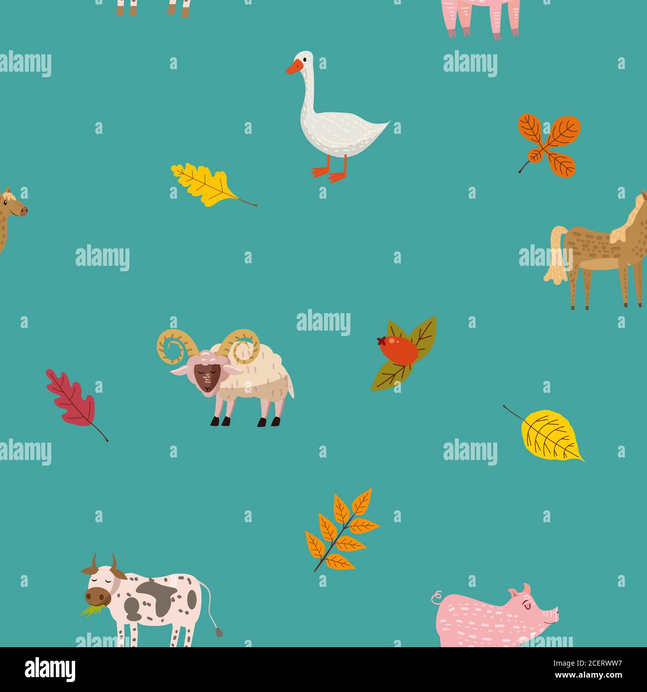 Nahtlose Herbst-Muster mit Bauernhof Tier RAM, Gans, Kuh, Schwein, Pferd. Vektor Hintergrund Cartoon-Stil Stock Vektor