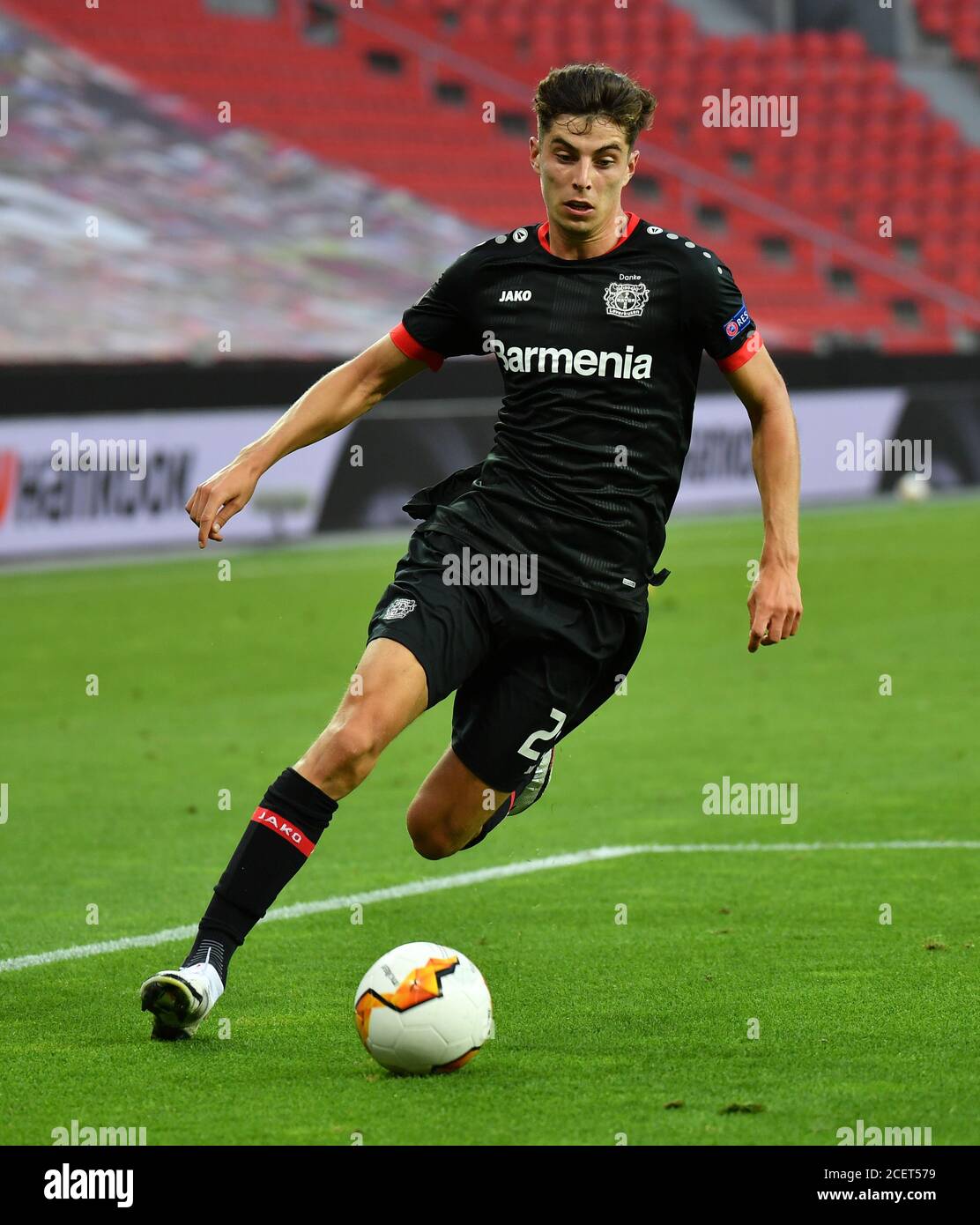 BayArena Leverkusen Deutschland 6.8.2020, Fußball: UEFA Europa League Saison 2019/20, Runde 16, Bayer 04 Leverkusen (B04, schwarz) gegen Glasgow Rangers FC (RFC, weiß) – Kai Havertz (B04) Foto: Ulrich Hufnagel / Hufnagel PR / Pool / via Kolvenbach nur für redaktionelle Verwendung! Stockfoto