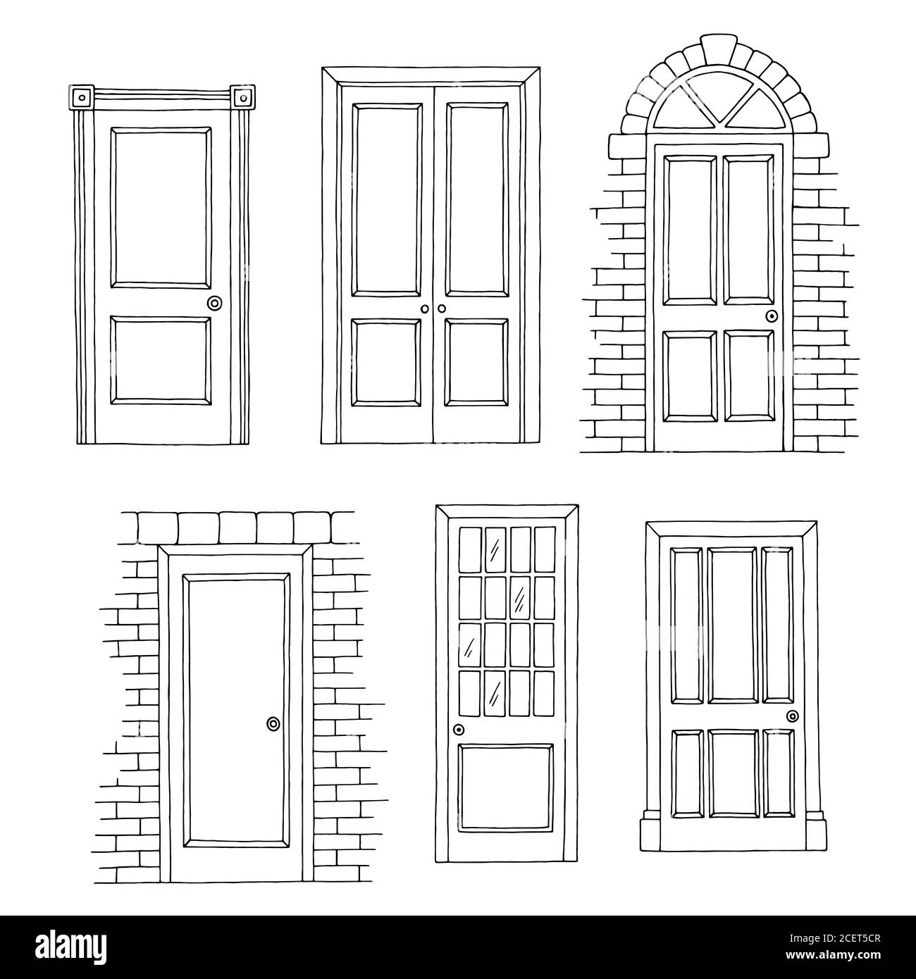 Türen Set Grafik schwarz weiß isoliert Skizze Illustration Vektor Stock Vektor