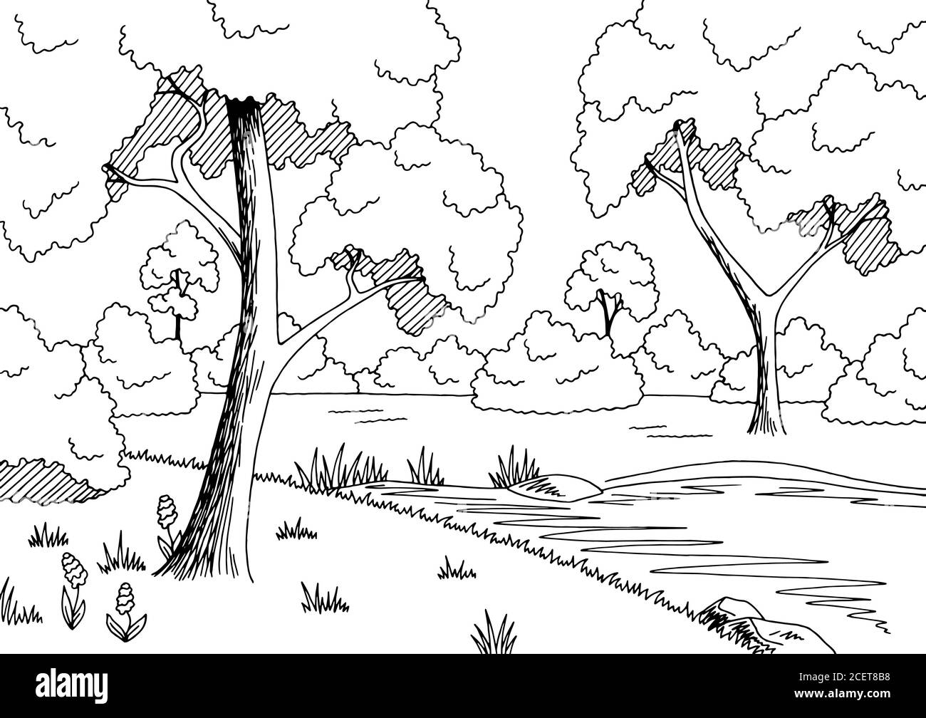 Wald See Grafik schwarz weiß Landschaft Skizze Illustration Vektor Stock Vektor