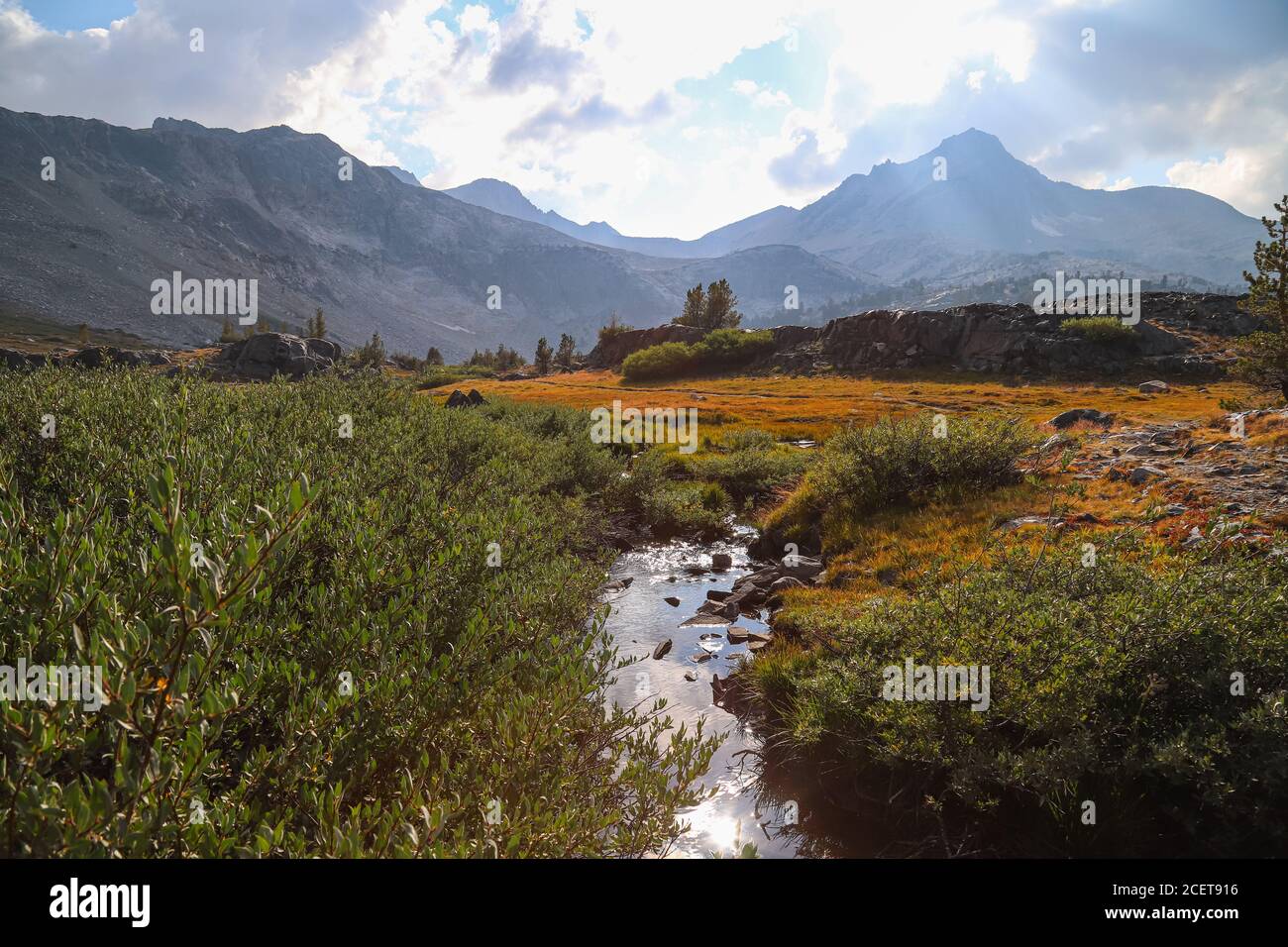 LEE VINING, CALIFORNIA, USA - 25. Aug 2020: Lee Vining Creek fließt zwischen Greenstone und Saddlebag Seen in den östlichen Sierra Bergen. Stockfoto