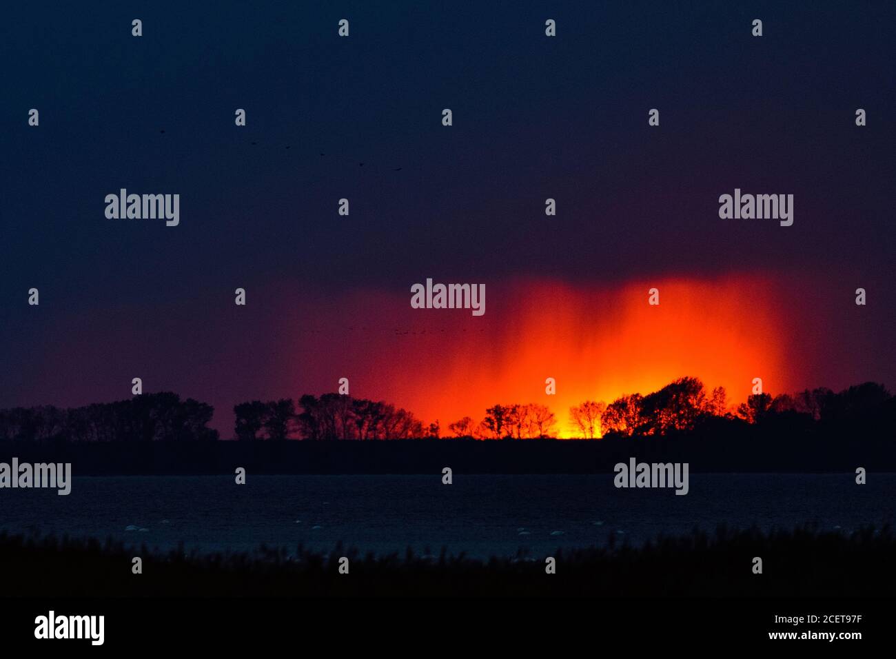 Dramatischer Sonnenuntergang über den Darß-Zingsterer Bodden, Ostsee, Mecklenburg-Vorpommern, Deutschland. Stockfoto