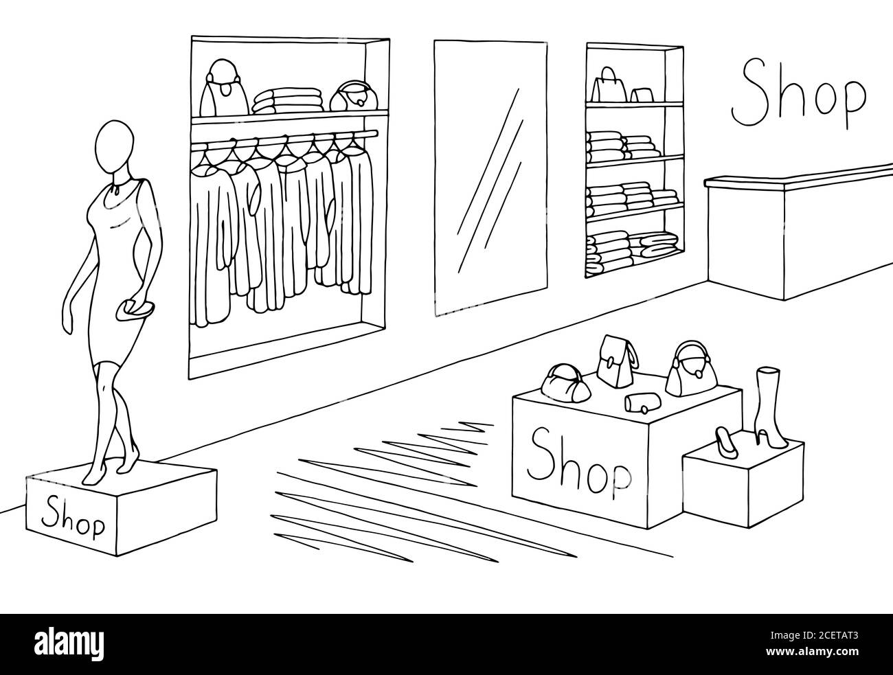 Shop Interior Grafik schwarz weiß Skizze Illustration Vektor Stock Vektor