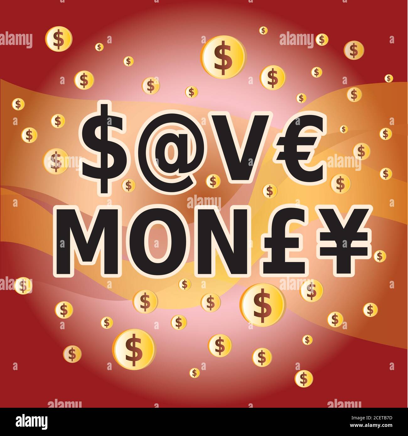 Sparen Sie Geld Zitat - Briefe und Geld Währung Symbole in Rot und Gold Farben Stock Vektor