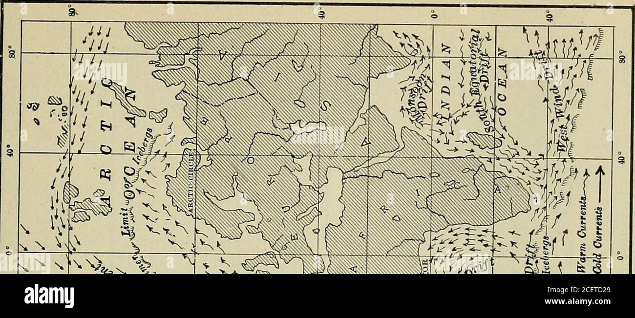 . Eine vollständige Geographie. Das Ozeanwasser, gedankenwarm, wird nicht stark erhitzt. Man beachte auf einem Globus, dass der Staat Washington, mit seinem angenehmen Klima, über den Gleichstand vom Äquator als die düstere Insel Neufundlands handelt, deren Ufer von der kalten Labradorströmung gebadet werden. Auswirkungen auf andere Regionen. - der Golfstrom Drift ist von specialbenefit für die Alte Welt. Es wurde geschätzt, dass seine wasserscheue halb so viel Wärme in die Arktis gelangt, wie sie von den direkten Sonnenstrahlen erreicht wird. Als Nansen seine berühmte Reise in Richtung Nordpol begann, betrat er den Arktischen Ozean Stockfoto