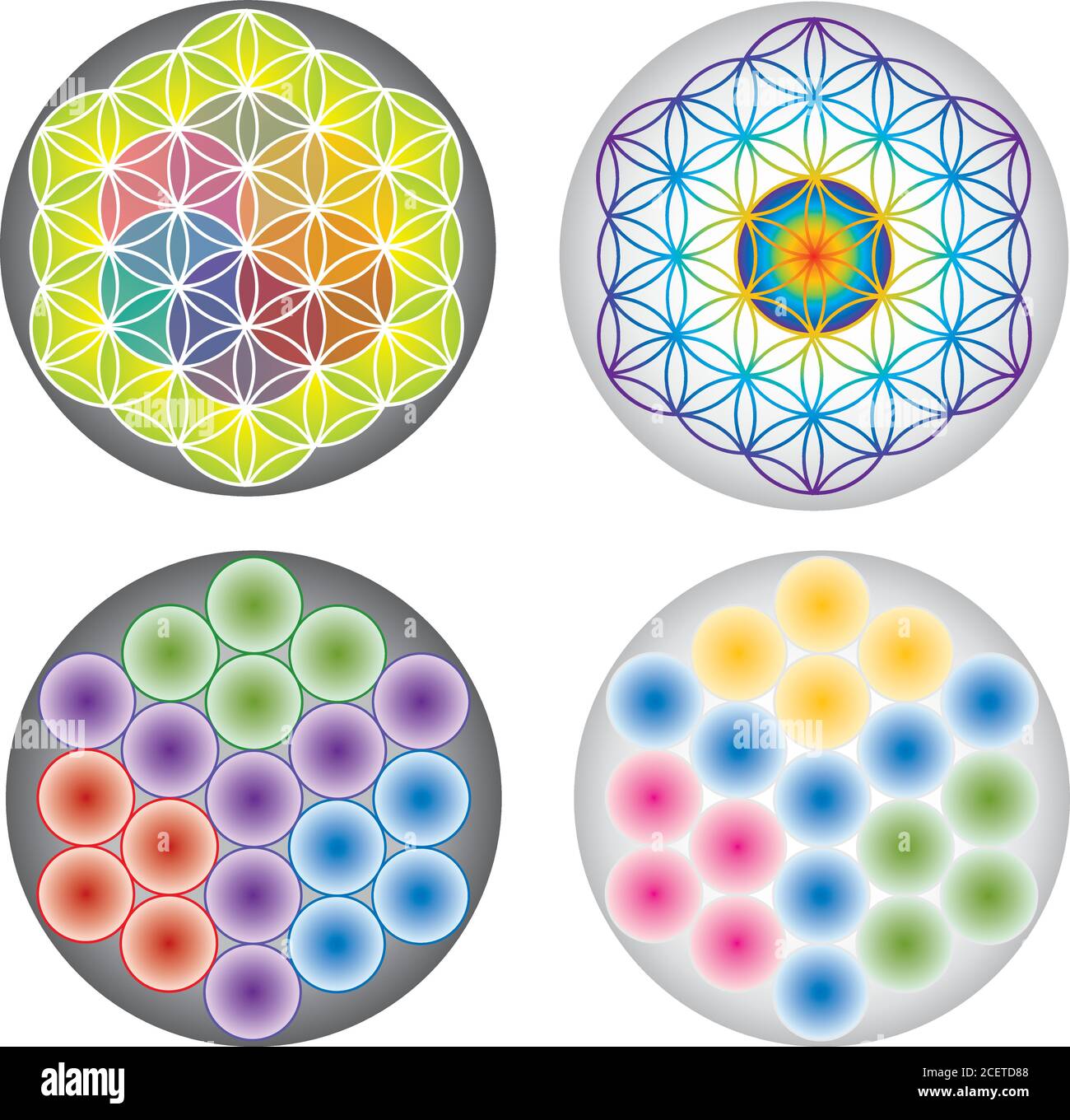 Set von Blume des Lebens Symbole / Symbole Multicolor und Regenbogenfarben Stock Vektor