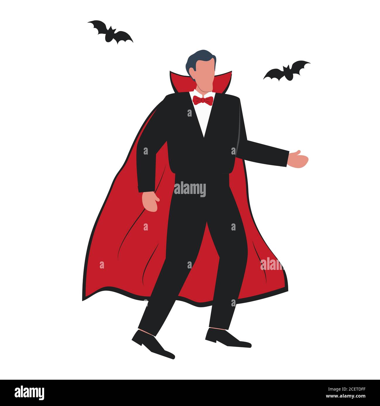 Mann in einem Vampir Kostüm auf einer halloween Party. Ein Mann tanzt bei einer Maskerade. Es gibt auch Fledermäuse im Bild. Vektorgrafik Stock Vektor