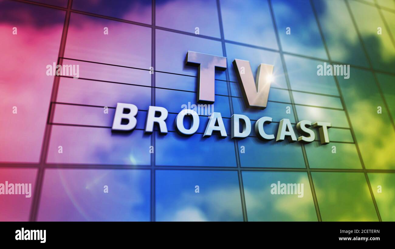 Fernsehübertragungsschild auf Glasgebäude. Fernsehübertragung, Nachrichtenmedien und Telekommunikationskonzept in 3D Rendering Illustration. Gespiegelter Himmel und Stockfoto