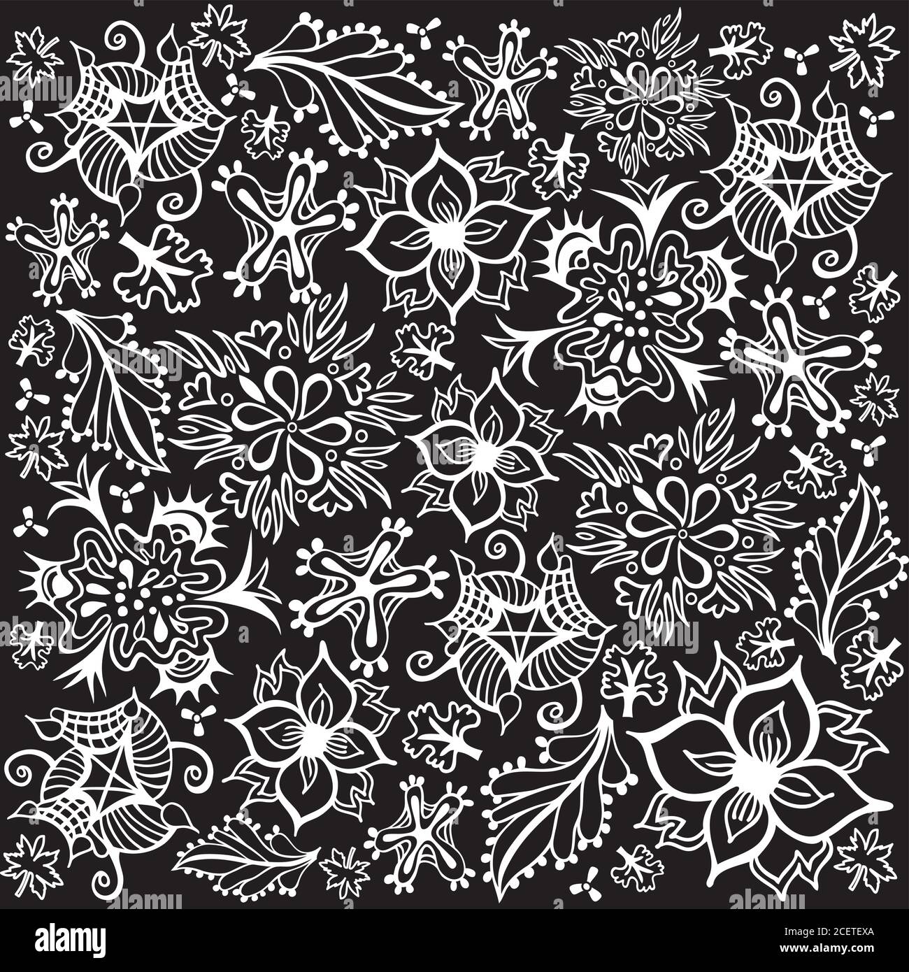 Blumen- und Blattmuster - Schwarz und Weiß - Mystischer Garten Stock Vektor