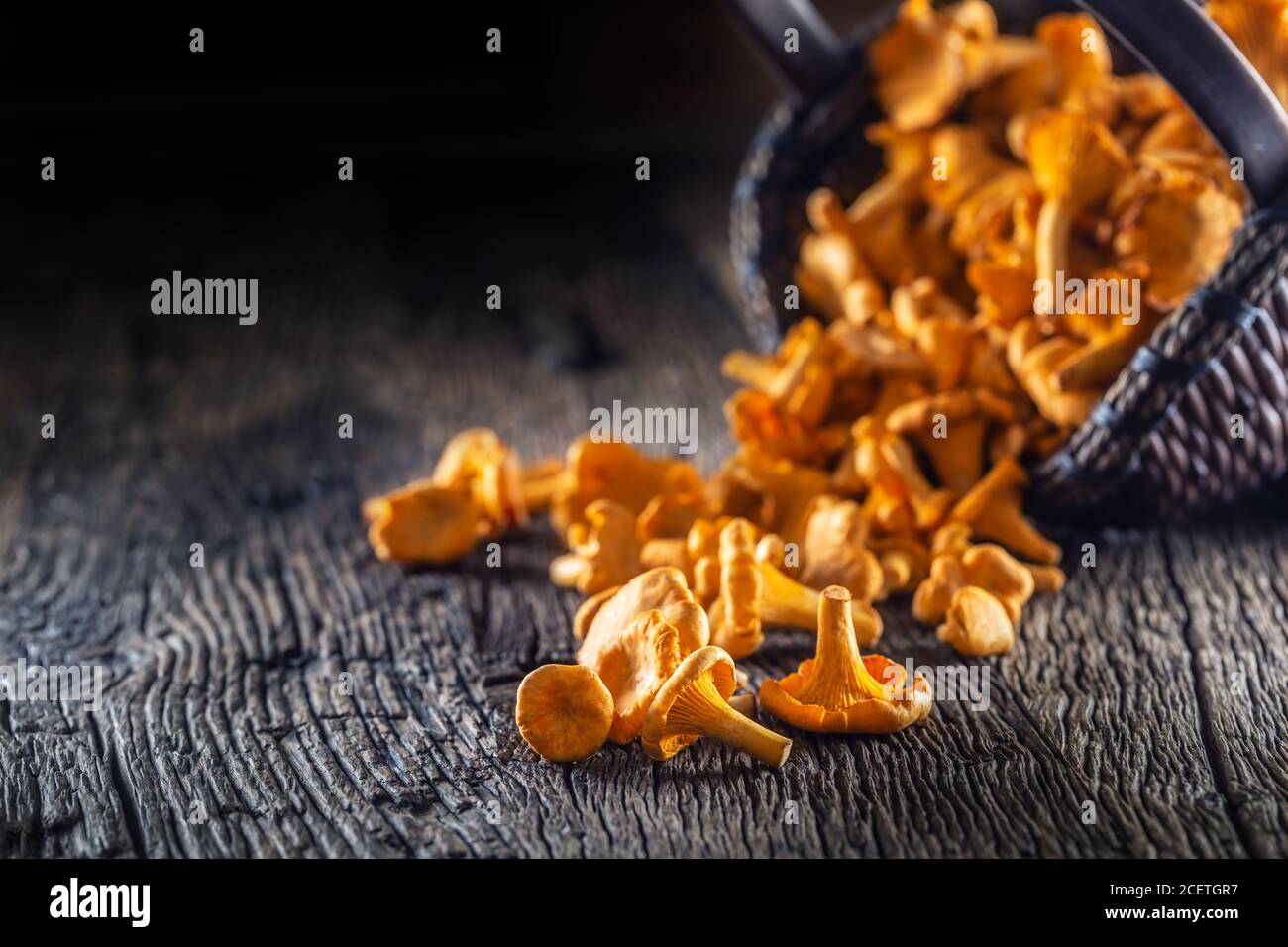 Rohe Pfifferlinge Pilz auf Holz aus dem hölzernen Weidenkorb verstreut Korb Stockfoto