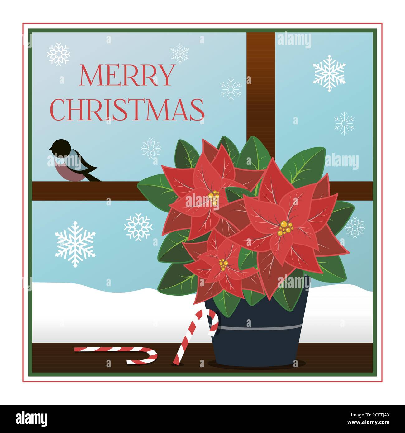 Weihnachtskarte im flachen Stil. Anschauliche Illustration mit gestreiften Zuckerstöcken und einer Weihnachtssterne. Ein Fenster mit Blick auf einen frostigen Urlaubmorgen mit schönen Schneeflocken und Gimpelfinken. Poster für Grüße, Partys, Verkäufe oder Web-Anzeigen. Chirstmas Simple Typography Grußposter Stock Vektor