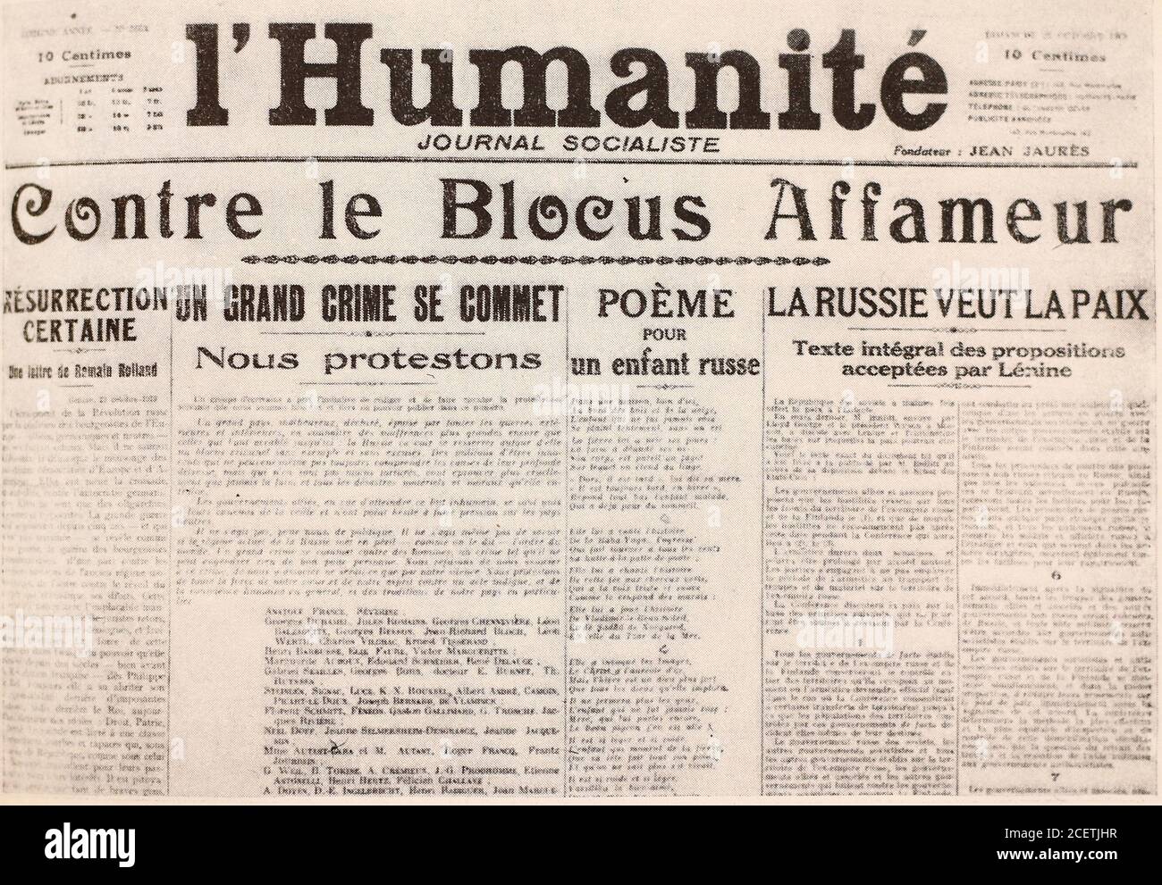 Die Zeitung "L'Humanite" vom 26. Oktober 1919 protestiert gegen die Blockade des sowjetischen Russland. Stockfoto