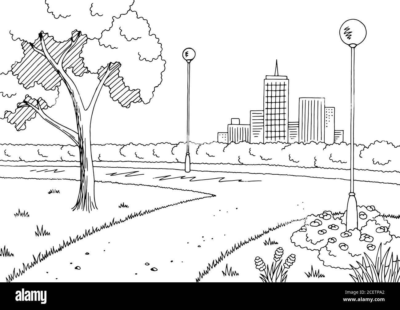 Park Grafik schwarz weiß Lampe Landschaft Skizze Illustration Vektor Stock Vektor