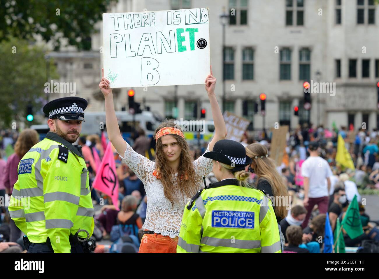 London, Großbritannien. Friedlicher Protest gegen Aussterben Rebellion Protest auf dem Parliament Square, 1. September 2020 Stockfoto