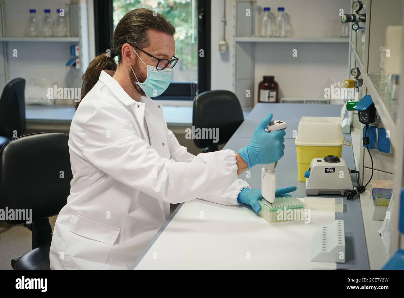 Bei der Arbeit im molekularbiologischen Labor zur Abstrichanalyse für den SARS-COV2-Virusnachweis. Turin, Italien - September 2020 Stockfoto