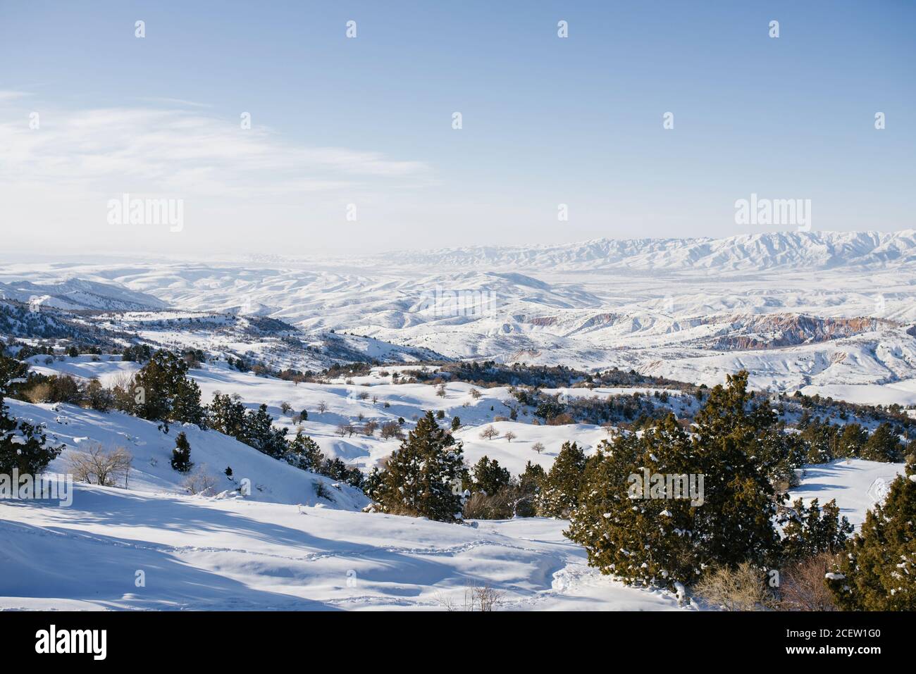 Lage des Tian Shan Gebirges, Usbekistan, Zentralasien. Winter Bergwald. Der Blick von der Seilbahn auf das Skigebiet Beldersay Stockfoto
