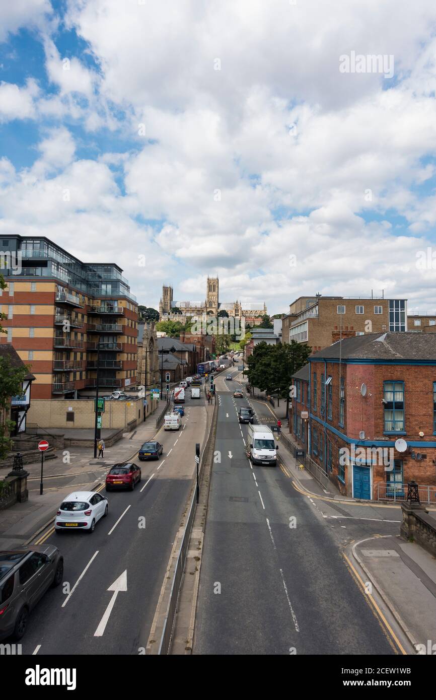 Lincoln Cathedral Blick entlang broadgate von Fußgängerbrücke Juli 2020.ARW Stockfoto