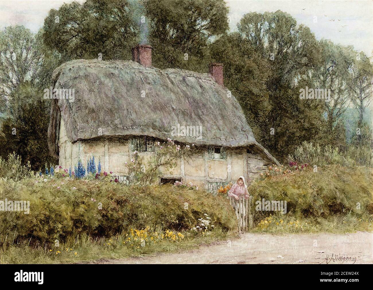 Allingham Helen - ein junges Mädchen vor einem Cottage in Hagbourne Berkshire - British School - 19. Jahrhundert Stockfoto