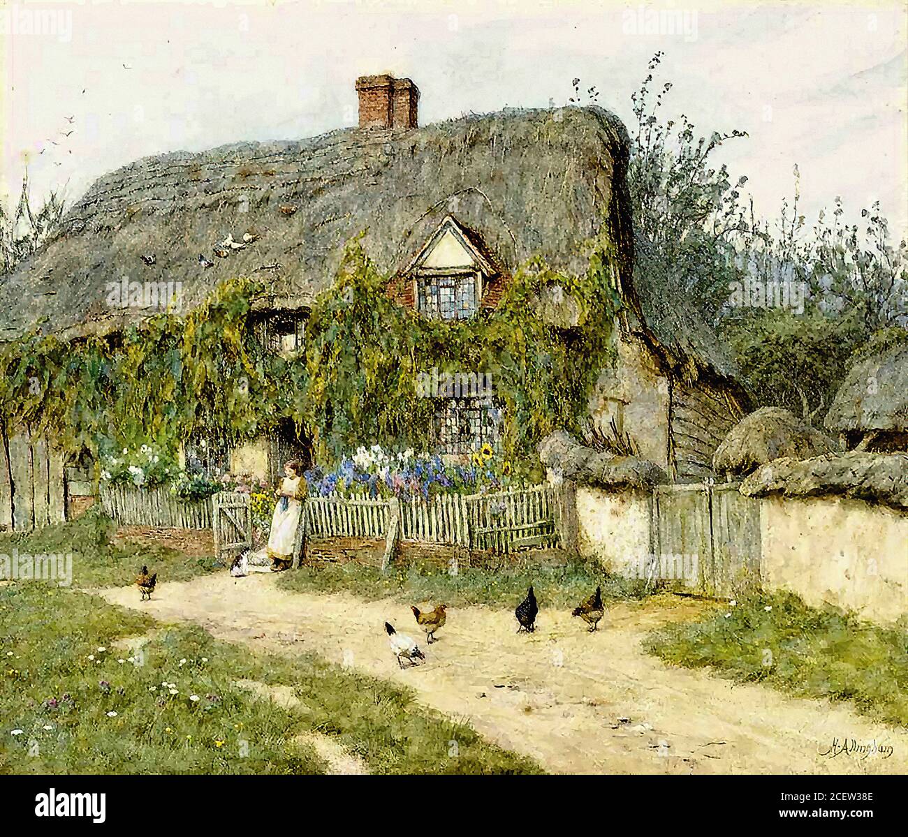 Allingham Helen - Fütterung der Hühner East Hagbourne - Britisch Schule - 19. Jahrhundert Stockfoto