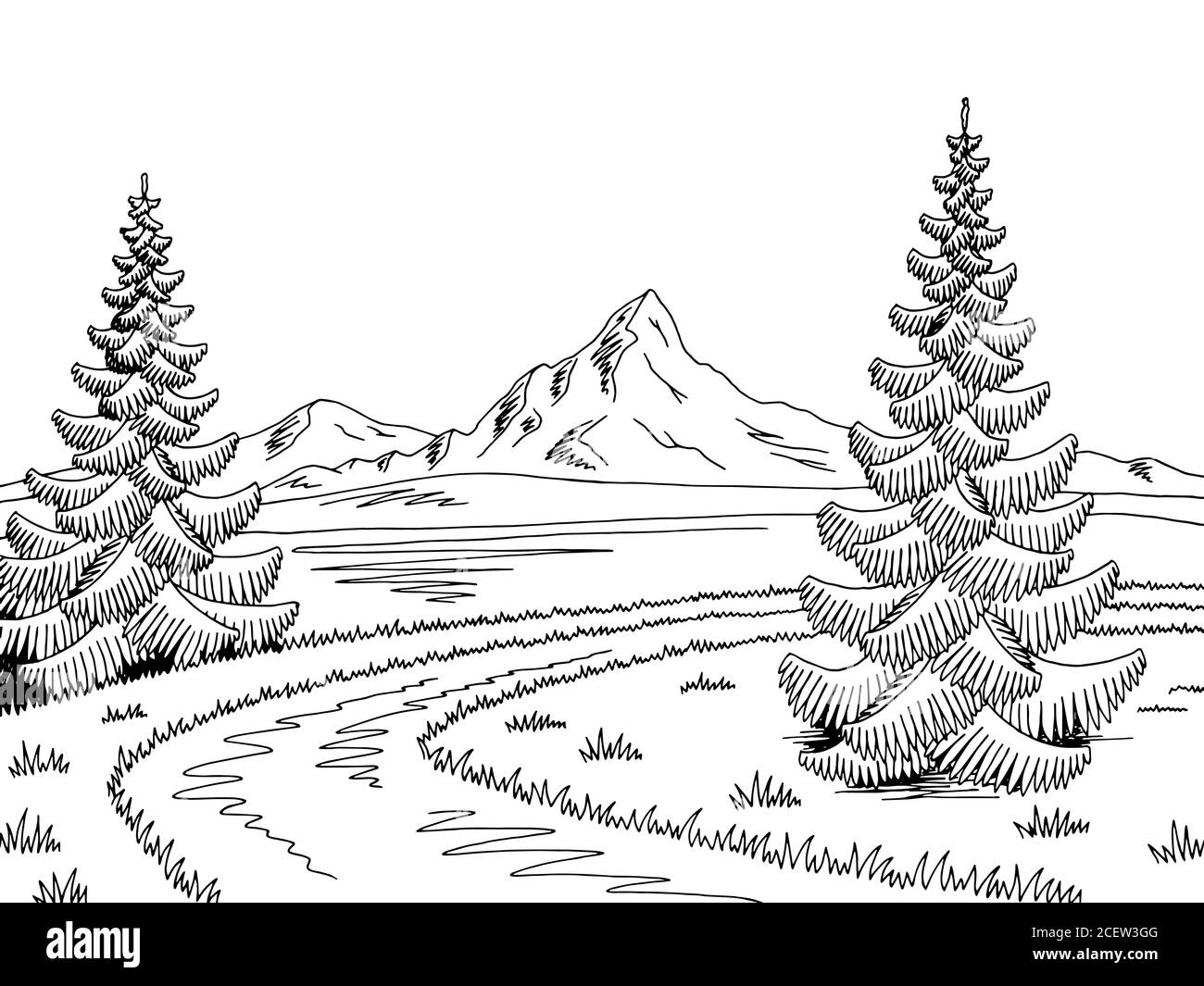 Mountain River Road Grafik schwarz weiß Landschaft Skizze Illustration Vektor Stock Vektor