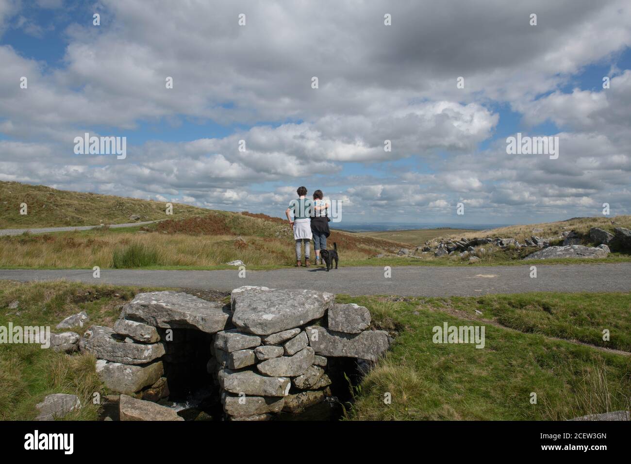 Mutter und Sohn stehen auf einer Steinbrücke mit einem Black Schoodle Dog mit Blick auf die Moorlandschaft von Okehampton Gemeinsam auf Dartmoor National Park Stockfoto