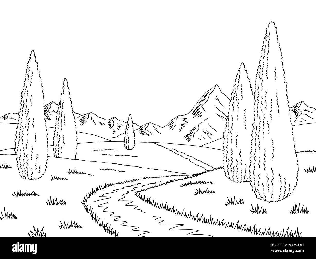 Mountain Road Grafik Zypresse schwarz weiß Landschaft Skizze Illustration Vektor Stock Vektor