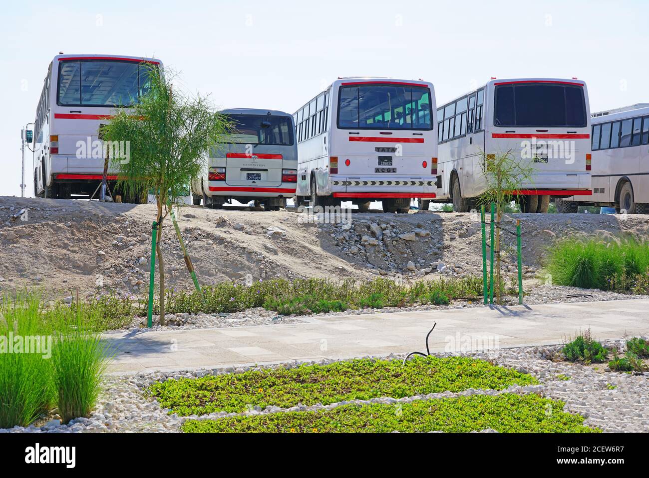 DOHA, KATAR -12 DEC 2019- Ansicht von Tata-Bussen, mit denen Gastarbeiter auf einer Baustelle in Doha, Katar, transportiert wurden. Stockfoto