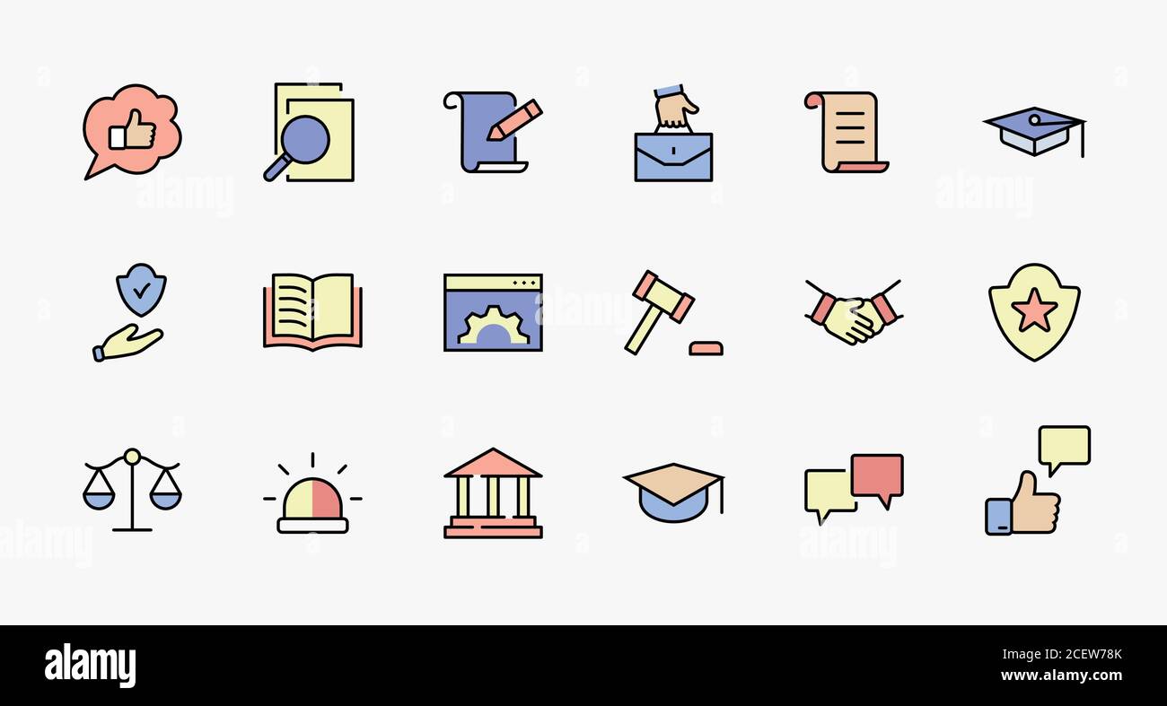 Set of Law and Justice Vector Line Icons. Enthält Symbole wie Waffe, Verhaftung, Autorität, Gerichtsgebäude, Gavel, Recht, Waffe und mehr. Bearbeitbarer Strich Stock Vektor