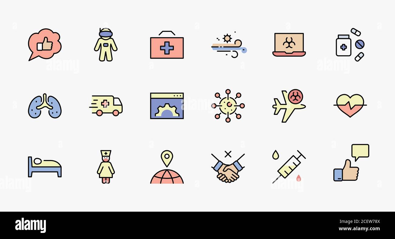 Satz des Coronavirus-Schutz-Vektorlinien-Symbols. Enthält Symbole wie Krankenwagen, neuartige Coronaviren, Schutzmaßnahmen, Symptome, Inkubationszeit Stock Vektor