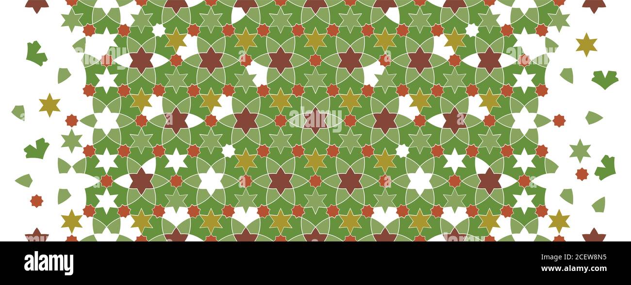 Marokko grün Mosaik Hintergrund. Arabeske Vektor nahtloses Muster. Geometrische Halbtonstruktur mit Auflösung der Farbplättchen Stock Vektor