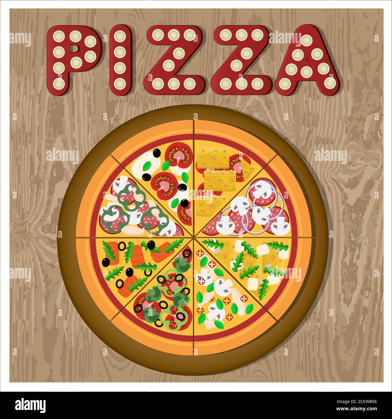 Flache Abbildung einer sortierten Pizza auf einer Holzplatte. Vektor-Illustration einer runden Pizza in verschiedene Stücke unterteilt. Vegetarische Pizza, Salami, Lachs, Huhn, Käse und Pilze. Poster für Menü, Werbung, Lieferung, Smartphone-App oder Website. Illustration von leckeren Pizza Stock Vektor