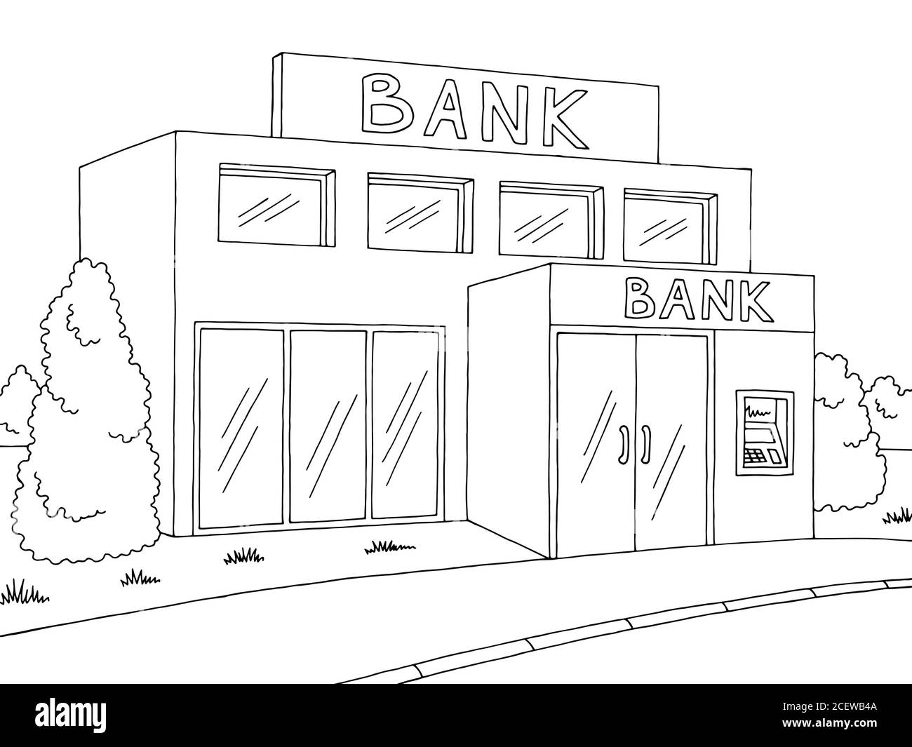 Bank außen Grafik schwarz weiß Skizze Illustration Vektor Stock Vektor