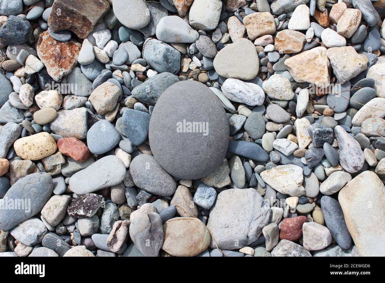 Kieselsteine, Steine, Felsen, Strand Hintergrund mit einem perfekten runden Stein in Criccieth, Nord Wales Stockfoto