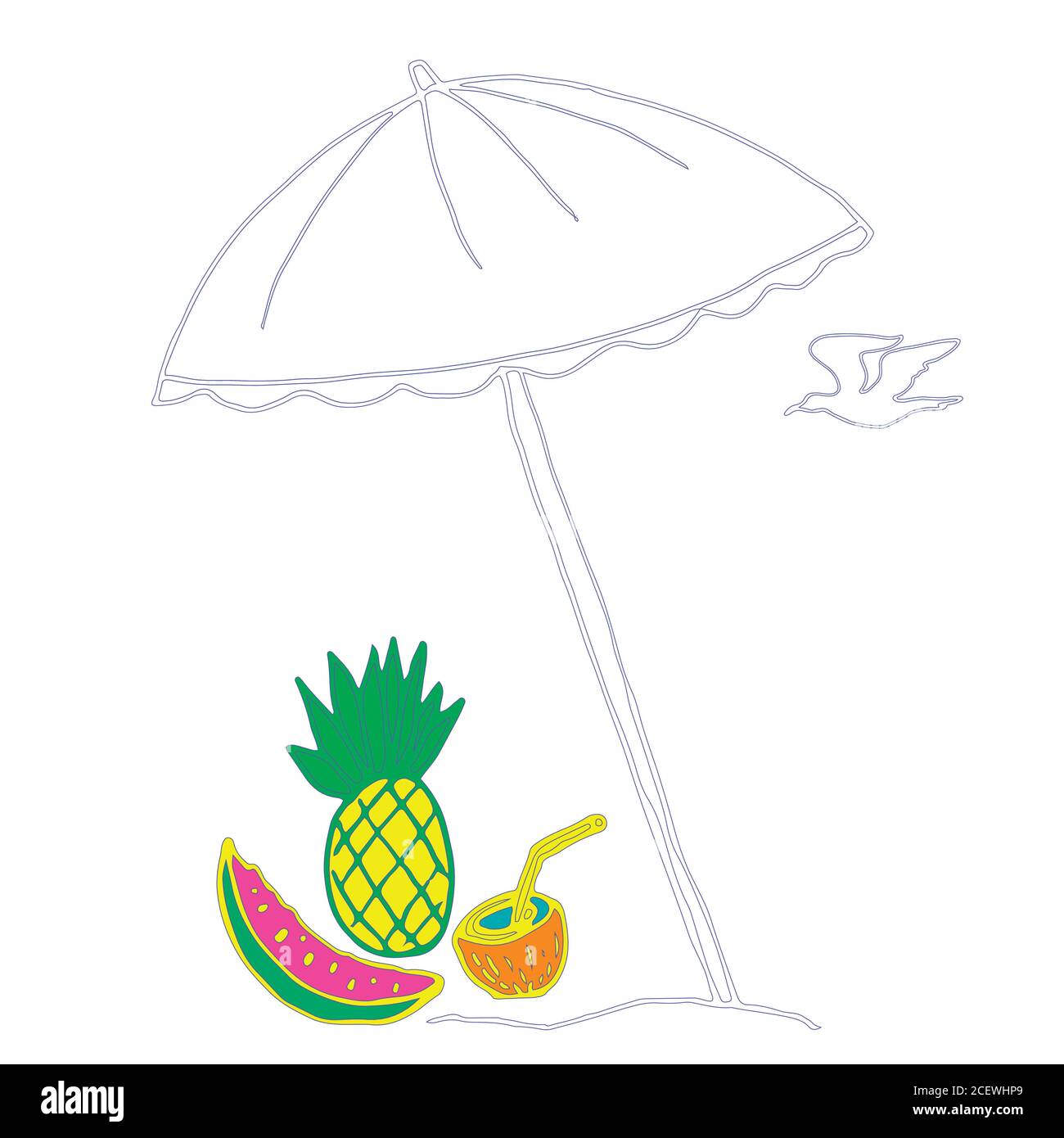 Heller Sonnenschirm, Ananas, Wassermelonenscheibe, Kokosnuss Stock Vektor
