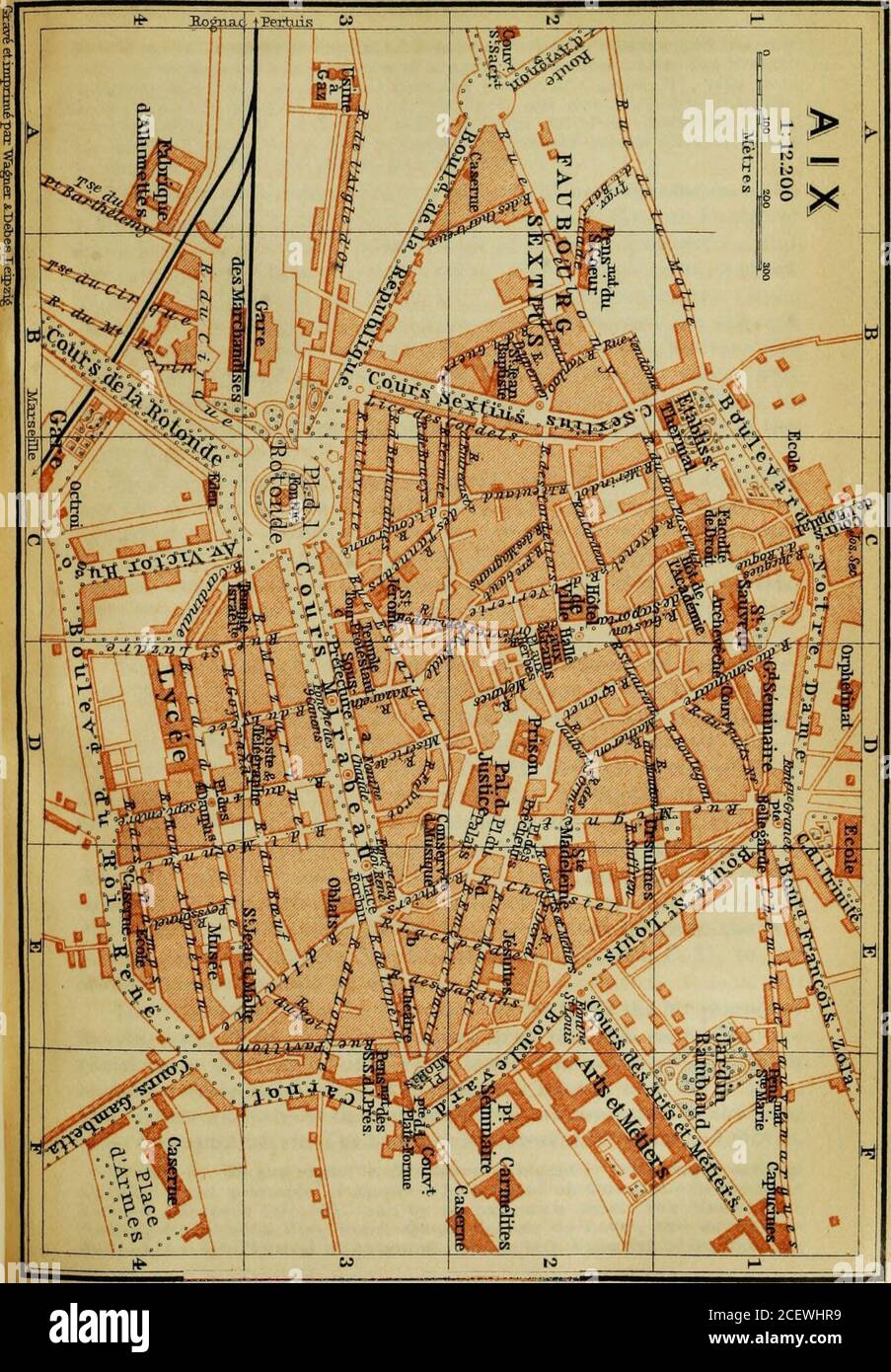 . Südfrankreich, einschließlich Korsika: handbuch für Reisende. gt;, D. 3 fr.; du Louvre (PI. c; C, 3), Ruede la Masse 1, R. 2-3, D.2i/2fr-; du Palais (PI. d; E, 2), Rue Chastel.-*Gr. Heiß. Sextius, im Bath Establishment (PI. B,C,1), R. 2-5, B. I, DEJ. 3,1*. 31/2, Stifte. 8 Fr., omn. 60 c. - Buffet am Bahnhof. – Cafés. Orientalisch, etc., im Cours Mirabeau. - Bäder in der Einrichtung, 3/4l Fr. – Post (PI. D, 3), Rue du Lycee. - Kirchen in der Regel geschlossen 12-3 p. m. Aix (655 ft.), mit 28,913 inhab., die ehemalige Hauptstadt der Provence.ist der Sitz eines Erzbischofs, und enthält eine Universität Stockfoto