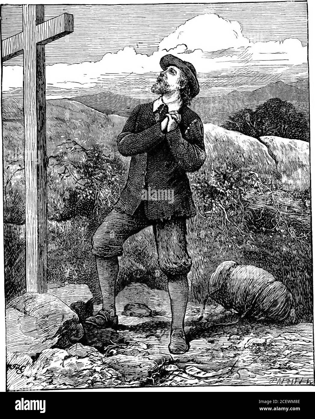 . Der Fortschritt des Pilgers von dieser Welt zu dem, was kommen wird. ?der Abgrund öffnete gerade, worüber ich stand.. Seine Last fiel ihm vom Rücken und fing an zu stürzen. DER FASS OHNE GRUND. 37 und warf sie in den brennenden See. (Matt iii. 12; XIII. 30; xxv. 30; Mai IV. I.) Und damit öffnete sich der Abgrund, wovon ich stand; aus dem Munde, aus dem in großer Fülle Rauch und Feuerkohlen kamen, mit scheußlichen Geräuschen. Es wurde auch zu den gleichen Personen gesagt: Sammle meinen Weizen in die Garner. (Lukas III. 27.) Und damit sah ich viele aufgeholt und in die mitgenommen Stockfoto