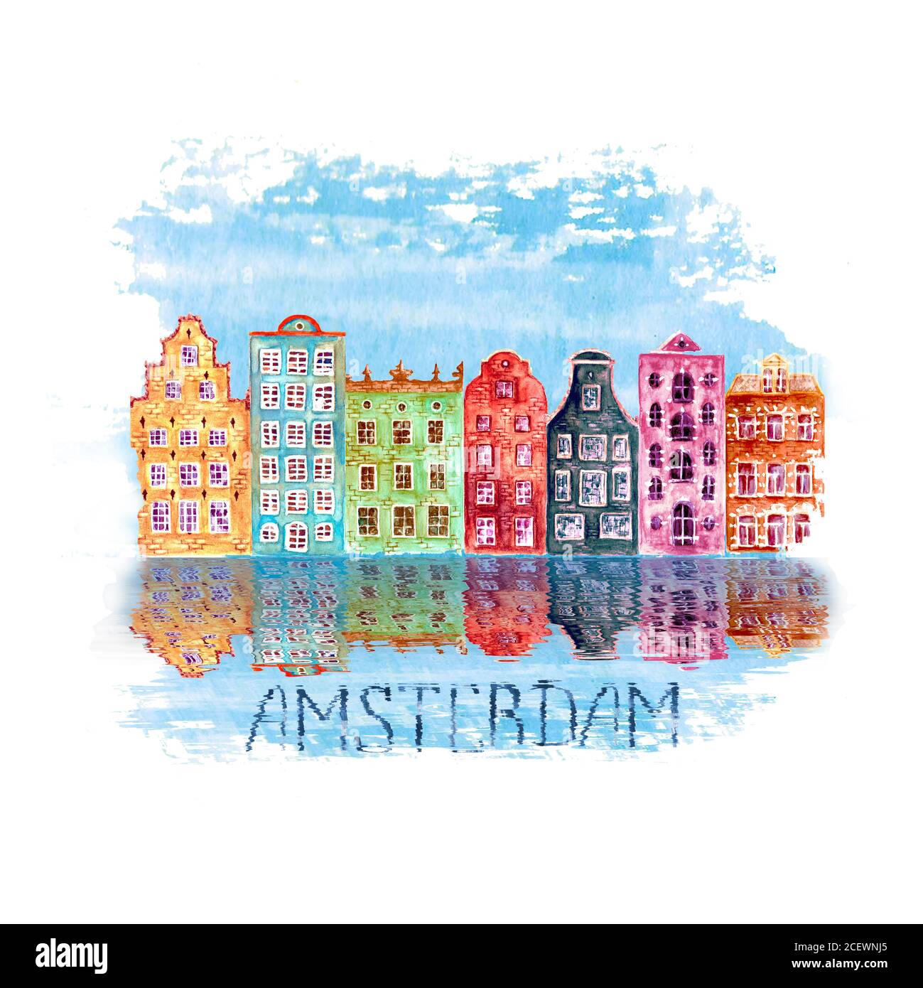 Amsterdam Stadtdarstellung mit Aquarell handbemalte alte europäische Häuser und Reflexionen in Wasser auf blau teal Fleck isoliert auf weißem Hintergrund. Stockfoto